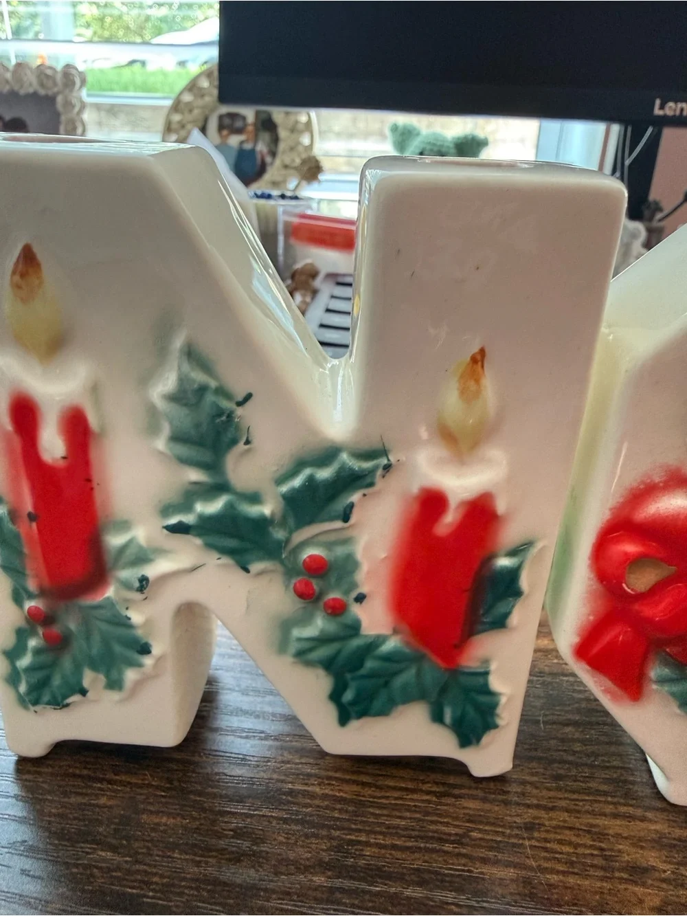 Vintage! Holiday Ceramic Letter Decor with Holly and Bells - White/Green/Red